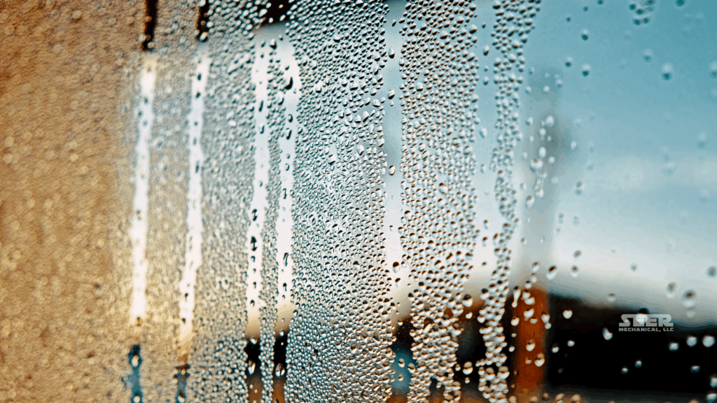 Condensation and water droplets on a window illustrating indoor humidity levels – Seer Mechanical HVAC services.