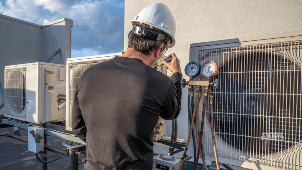 HVAC technician in hard hat performing preventative maintenance on a commercial rooftop unit.