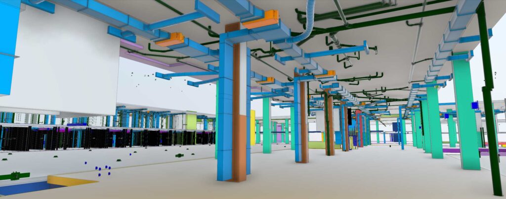 BIM model of commercial HVAC ductwork and piping coordinated with structural columns.
